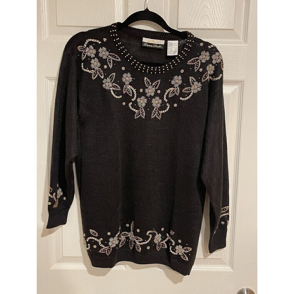 Dana Scott Sweater Black Round Collar Floral Bead Pullover 3/4 Sleeve Size M